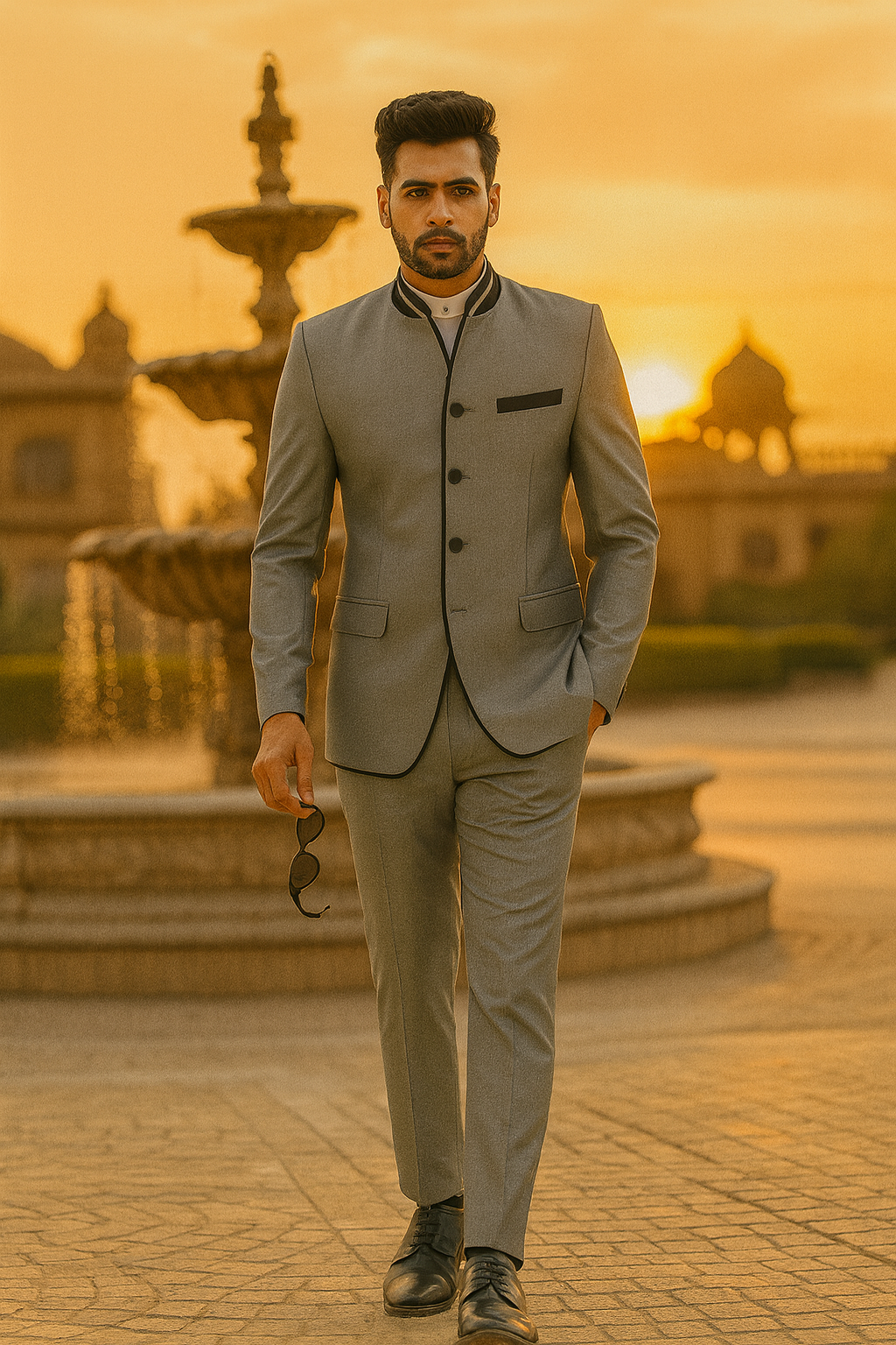 Mens 4 Button Mandarin Suit in Sharkskin Silver Grey with Black Trim