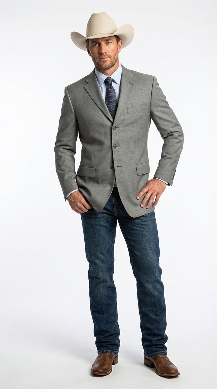 Mens Grey Western Three Button Blazer – Classic Cowboy Style Formal Jacket Business Casual Sport Coat
