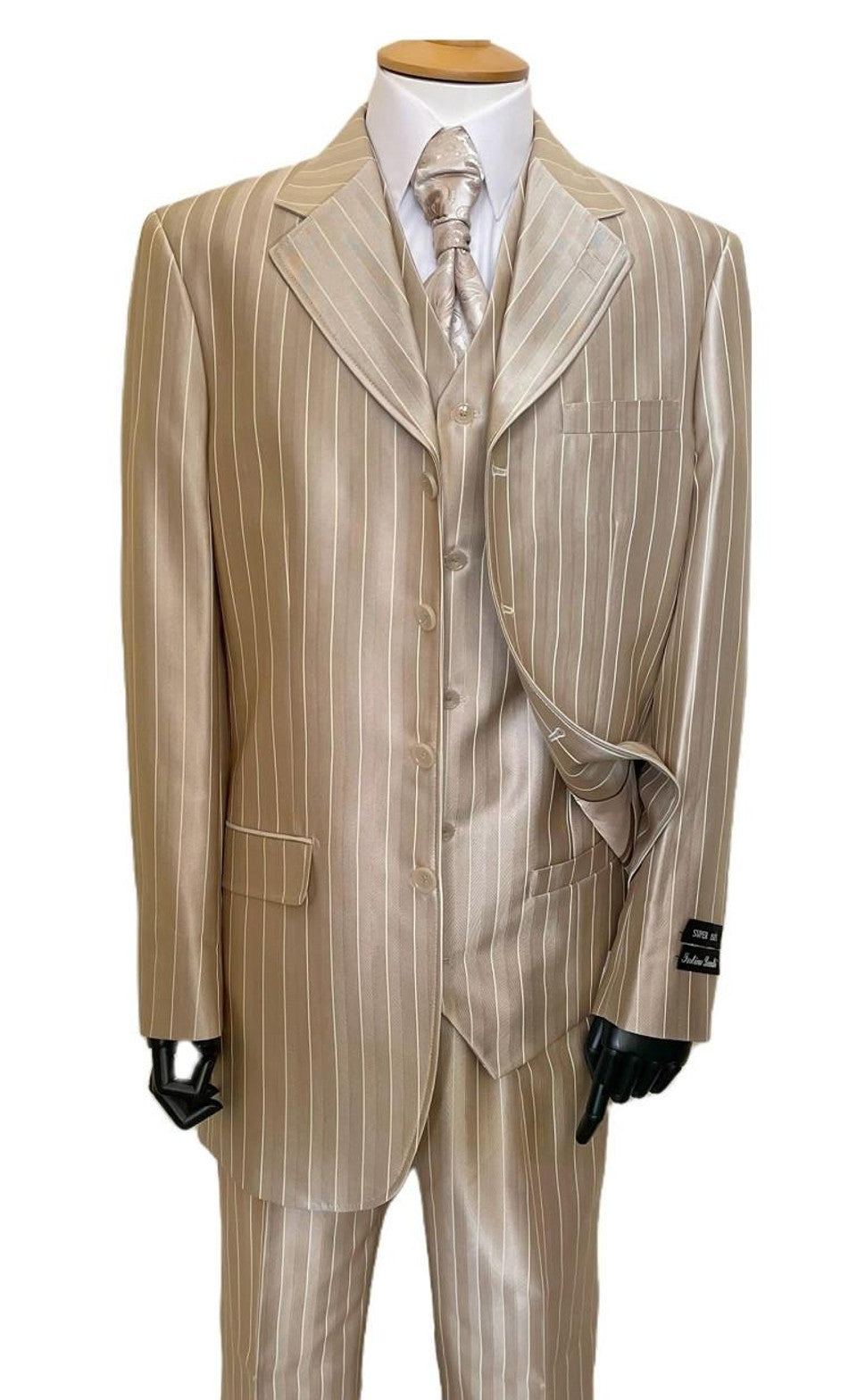 Zoot Suit - Shiny Gold Champaign Mens Harlem Gangster Suit 1920s Tan Stripe Fortino 2911V
