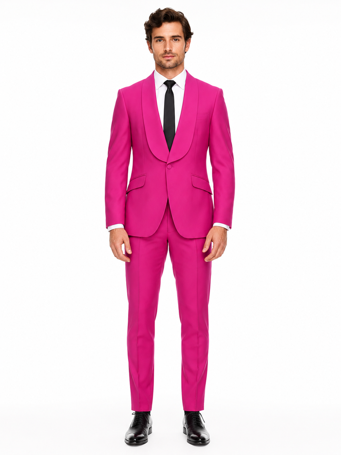 Mens Hot Pink Tuxedo Dinner Jacket  Pants with Shawl Lapel  Slim Fit 2-Piece Suit for Weddings, Proms Suit in Fuchsia Colors
