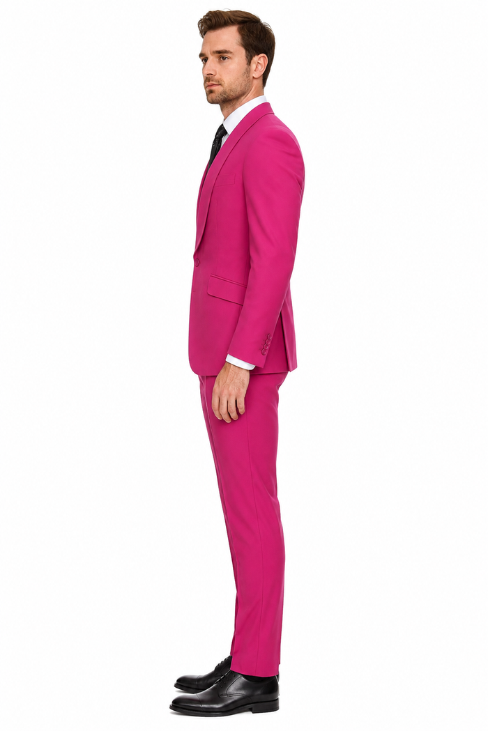 Mens Hot Pink Tuxedo Dinner Jacket  Pants with Shawl Lapel  Slim Fit 2-Piece Suit for Weddings, Proms Suit in Fuchsia Colors