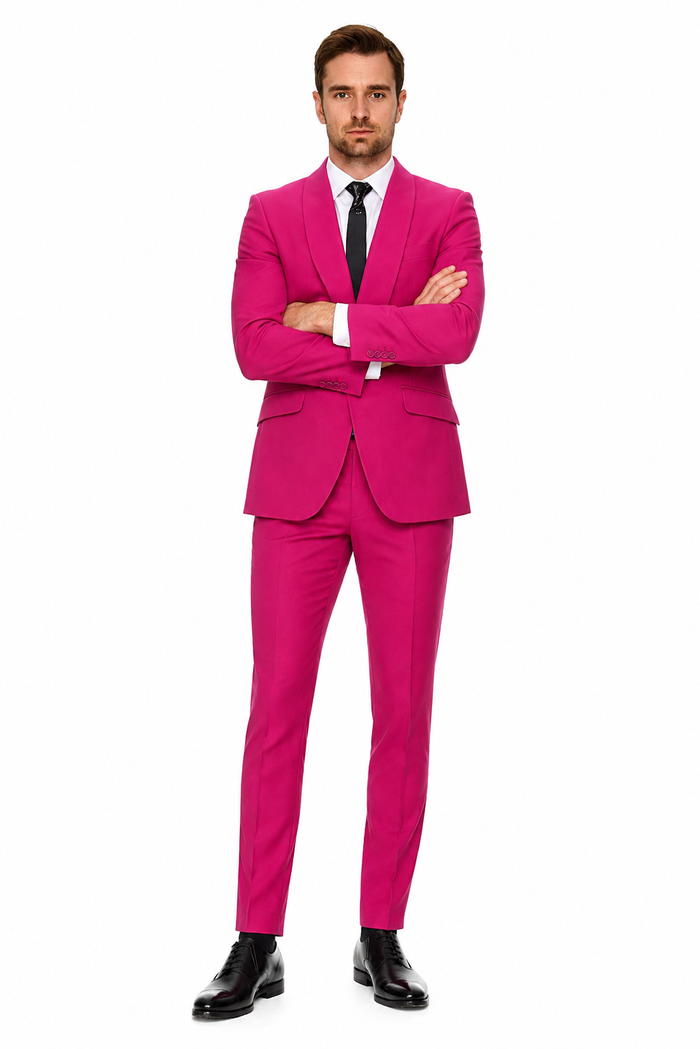 Mens Hot Pink Tuxedo Dinner Jacket  Pants with Shawl Lapel  Slim Fit 2-Piece Suit for Weddings, Proms Suit in Fuchsia Colors