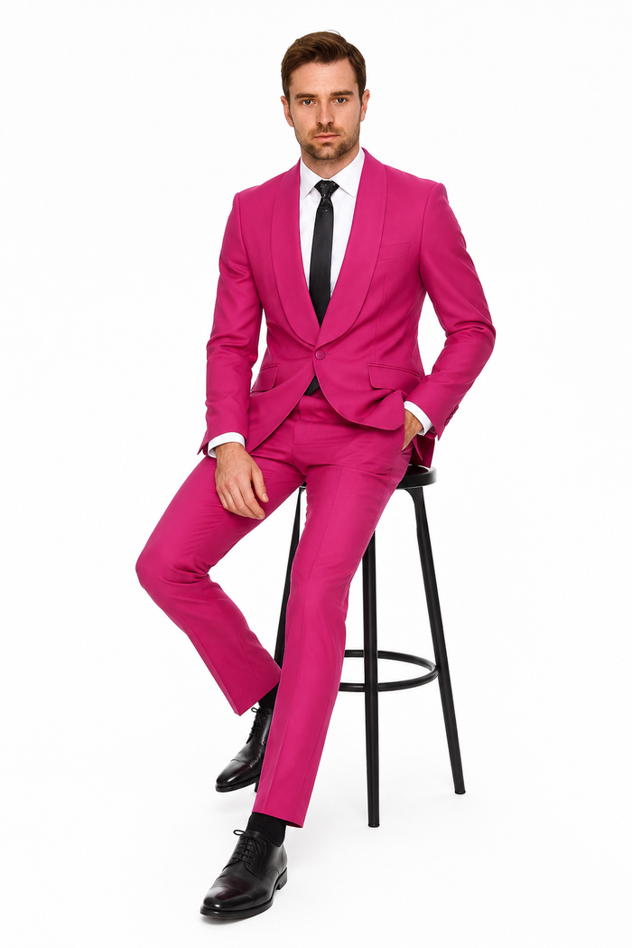 Mens Hot Pink Tuxedo Dinner Jacket  Pants with Shawl Lapel  Slim Fit 2-Piece Suit for Weddings, Proms Suit in Fuchsia Colors