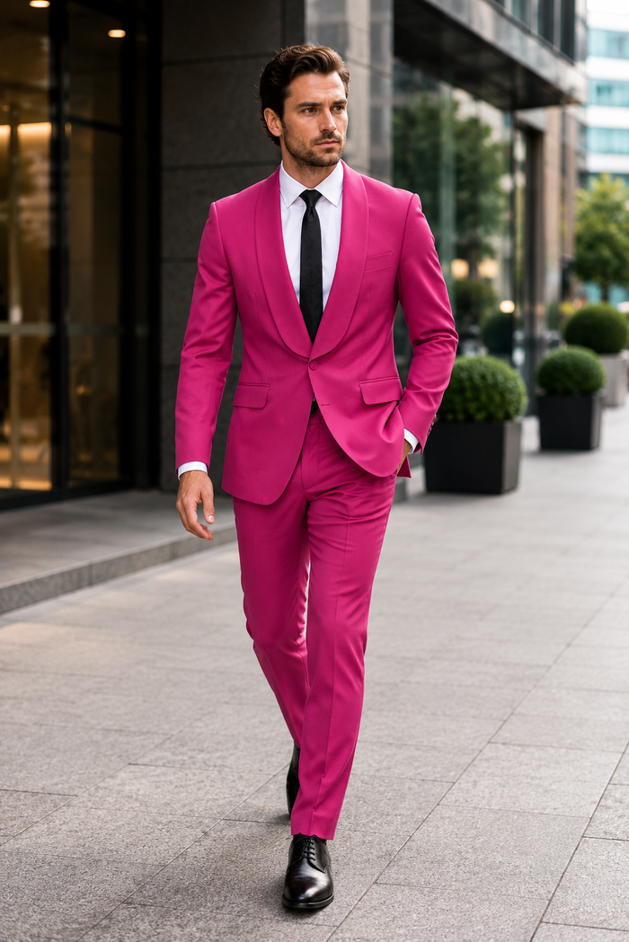 Mens Hot Pink Tuxedo Dinner Jacket  Pants with Shawl Lapel  Slim Fit 2-Piece Suit for Weddings, Proms Suit in Fuchsia Colors