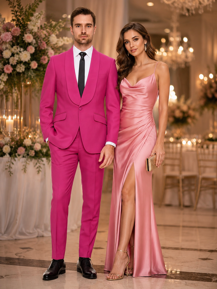 Mens Hot Pink Tuxedo Dinner Jacket  Pants with Shawl Lapel  Slim Fit 2-Piece Suit for Weddings, Proms Suit in Fuchsia Colors