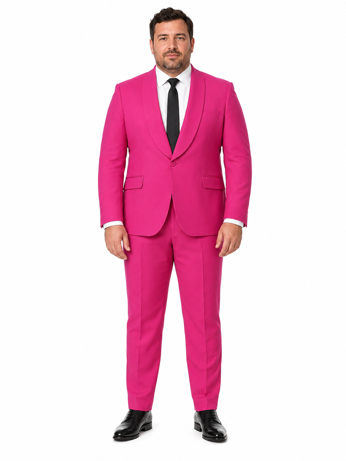 Mens Hot Pink Tuxedo Dinner Jacket  Pants with Shawl Lapel  Slim Fit 2-Piece Suit for Weddings, Proms Suit in Fuchsia Colors