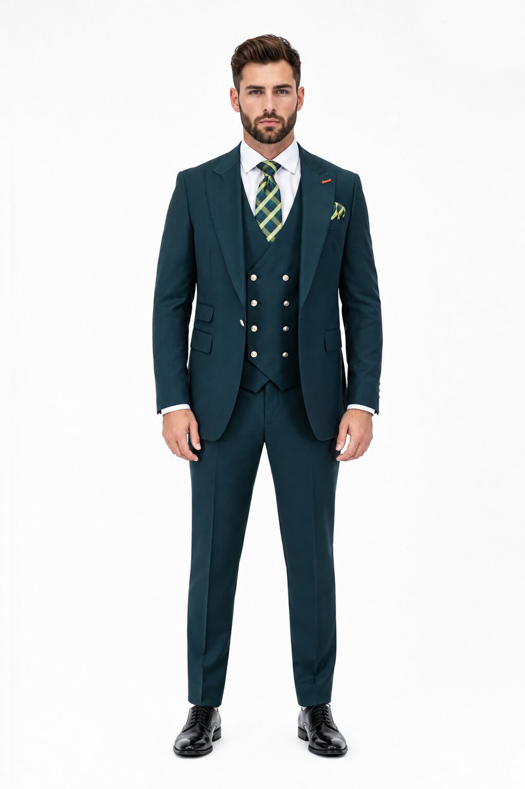 Men's Hunter Statement Ticket Pocket Peak Lapel Wool Double Breasted Vest Suit with Silver Buttons – Modern Fit