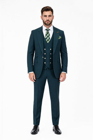 Men's Hunter Statement Ticket Pocket Peak Lapel Wool Double Breasted Vest Suit with Silver Buttons – Modern Fit