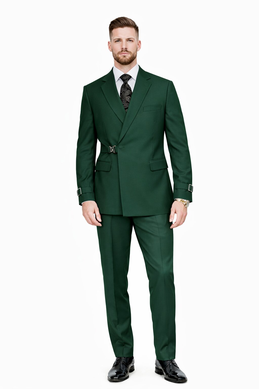 Mens Designer Tailored Fit Hunter Green Double Breasted Wool Suit with Metal Buckle Closure