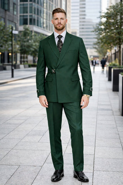 Mens Designer Tailored Fit Hunter Green Double Breasted Wool Suit with Metal Buckle Closure