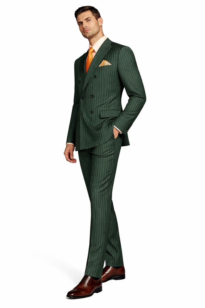 Mens Hunter Green Pinstripe Double-Breasted Suit  Bold 6-Button Vintage Gangster Style 1920s Look