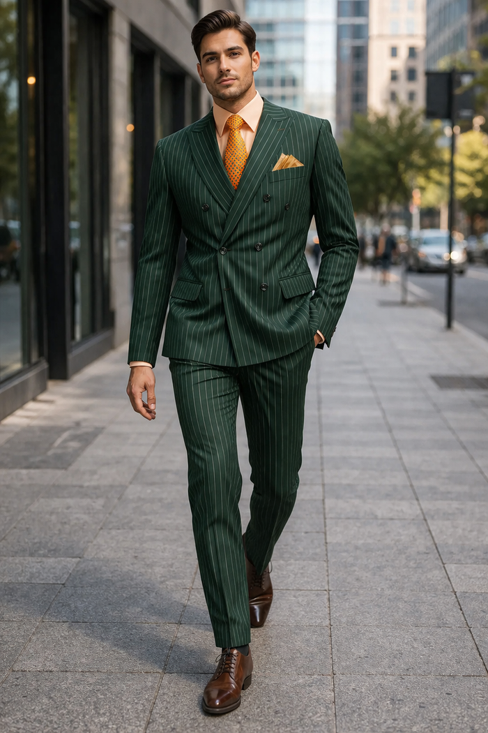 Mens Hunter Green Pinstripe Double-Breasted Suit  Bold 6-Button Vintage Gangster Style 1920s Look