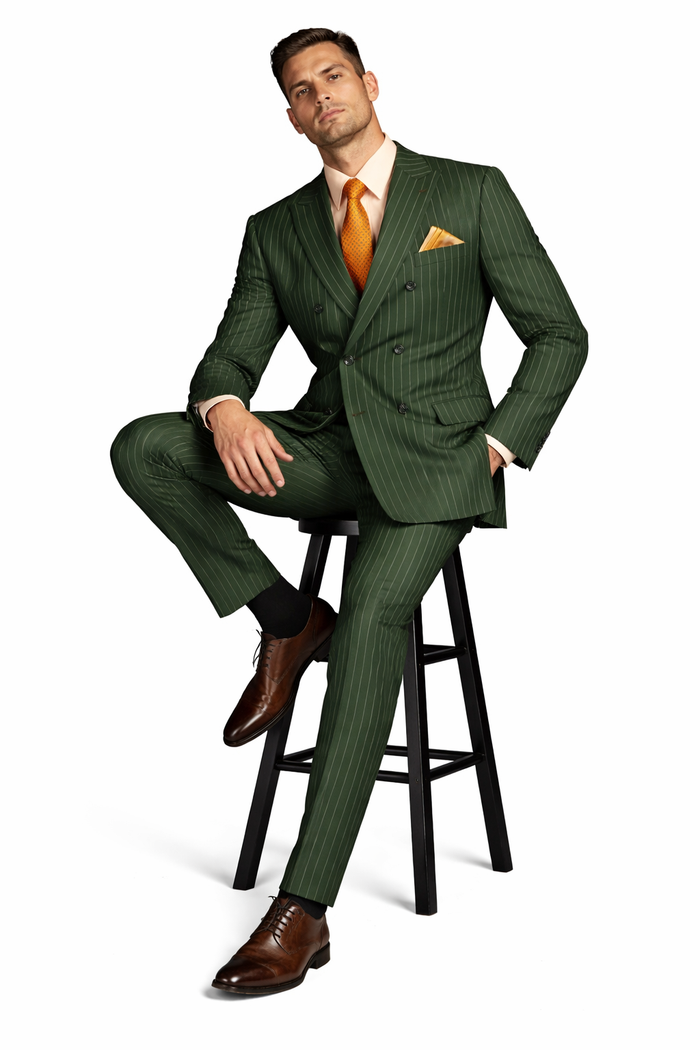 Mens Hunter Green Pinstripe Double-Breasted Suit  Bold 6-Button Vintage Gangster Style 1920s Look