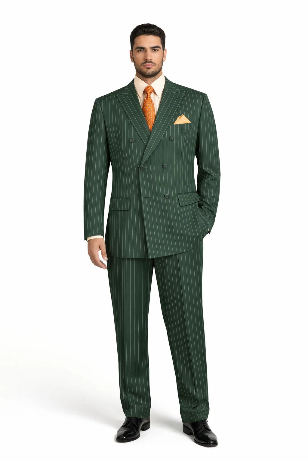 Mens Hunter Green Pinstripe Double-Breasted Suits  Bold 6-Buttons Vintage Gangster Style 1920s Look