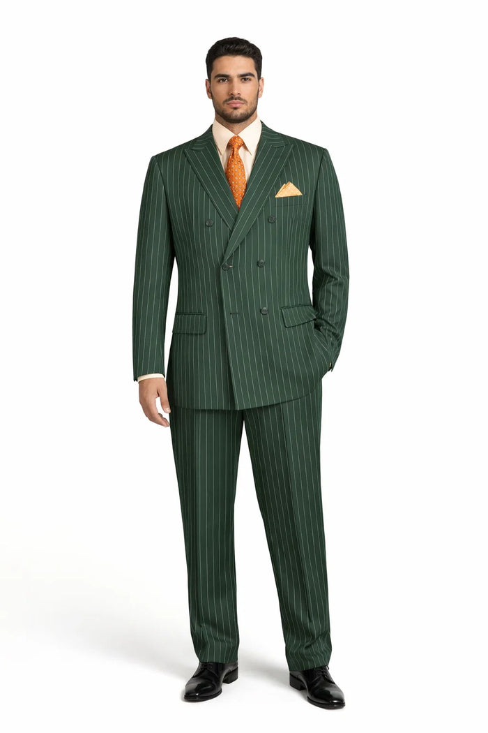 Mens Hunter Green Pinstripe Double-Breasted Suit  Bold 6-Button Vintage Gangster Style 1920s Look