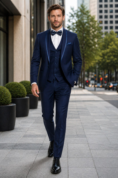 Mens One Button Satin Trim Shawl Tuxedo in Indigo Wool