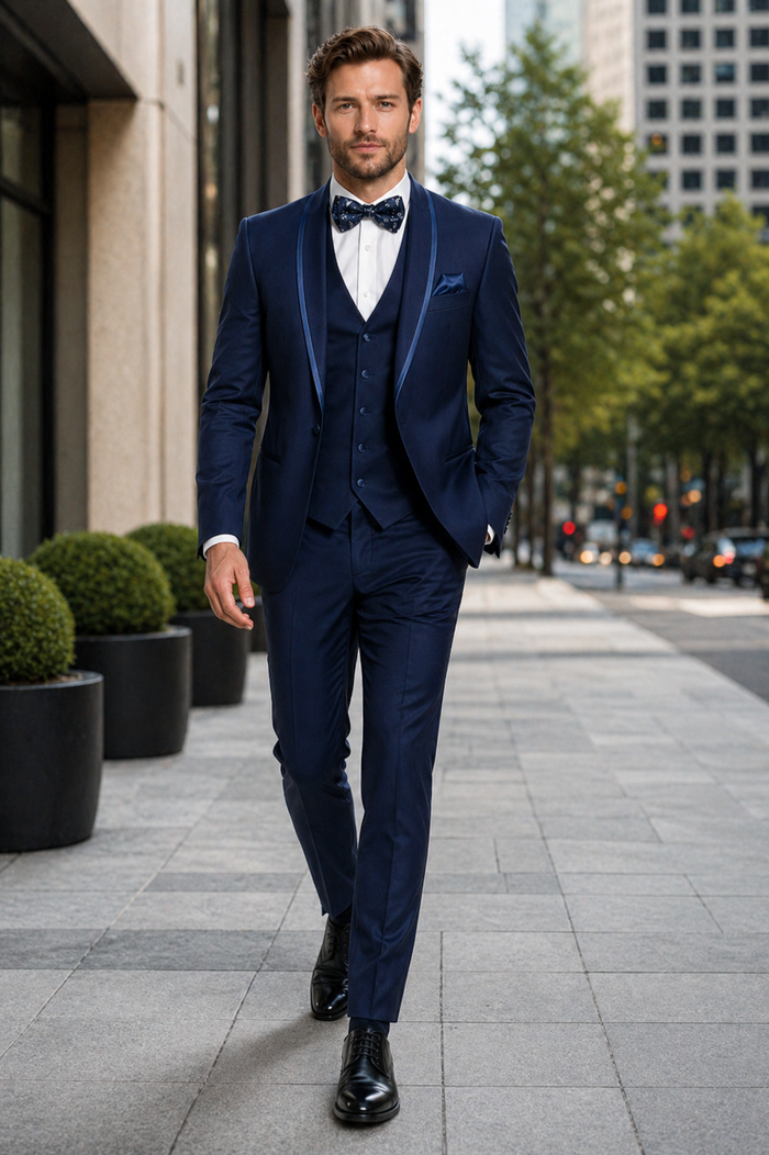 Mens One Button Satin Trim Shawl Tuxedo in Indigo Wool