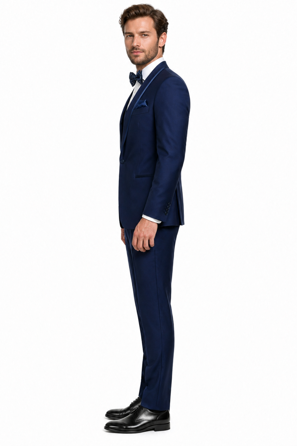 Mens One Button Satin Trim Shawl Tuxedo in Indigo Wool