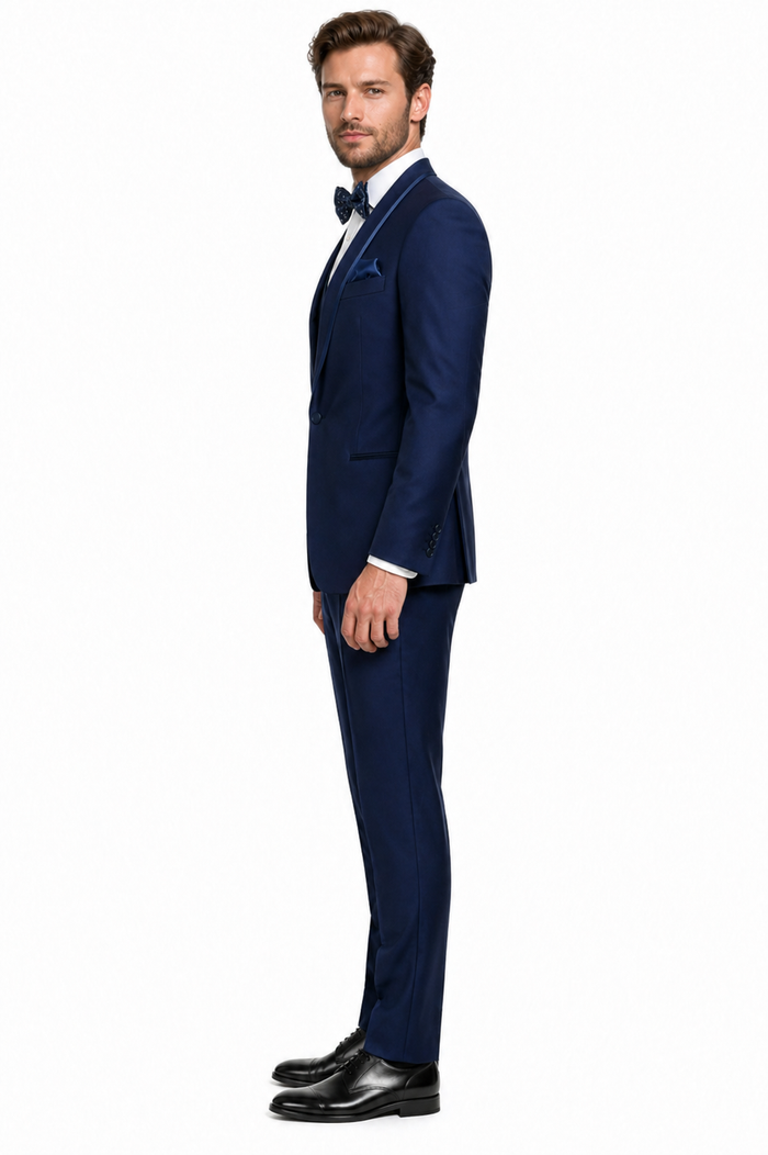 Mens One Button Satin Trim Shawl Tuxedo in Indigo Wool