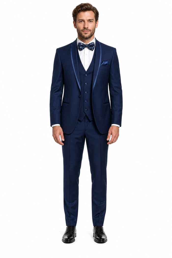 Mens One Button Satin Trim Shawl Tuxedo in Indigo Wool