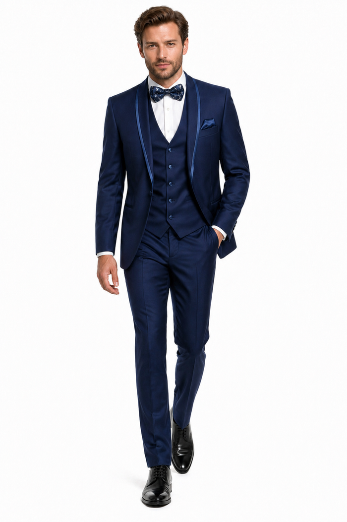 Mens One Button Satin Trim Shawl Tuxedo in Indigo Wool