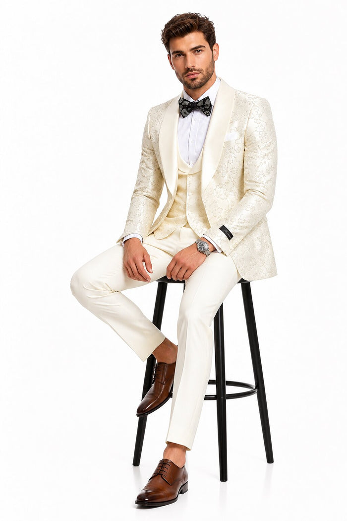 2026 Ivory Shiny Floral Mens 3pc Suit by Tazzio
