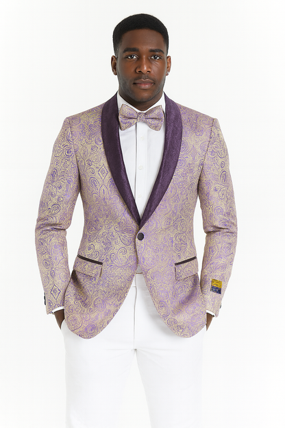 Mens Ivory and Light Purple Lavender Floral Paisley Prom and Wedding Tuxedo Blazer