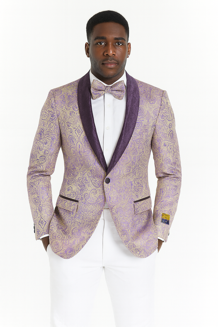 Mens Ivory and Light Purple Lavender Floral Paisley Prom and Wedding Tuxedo Blazer