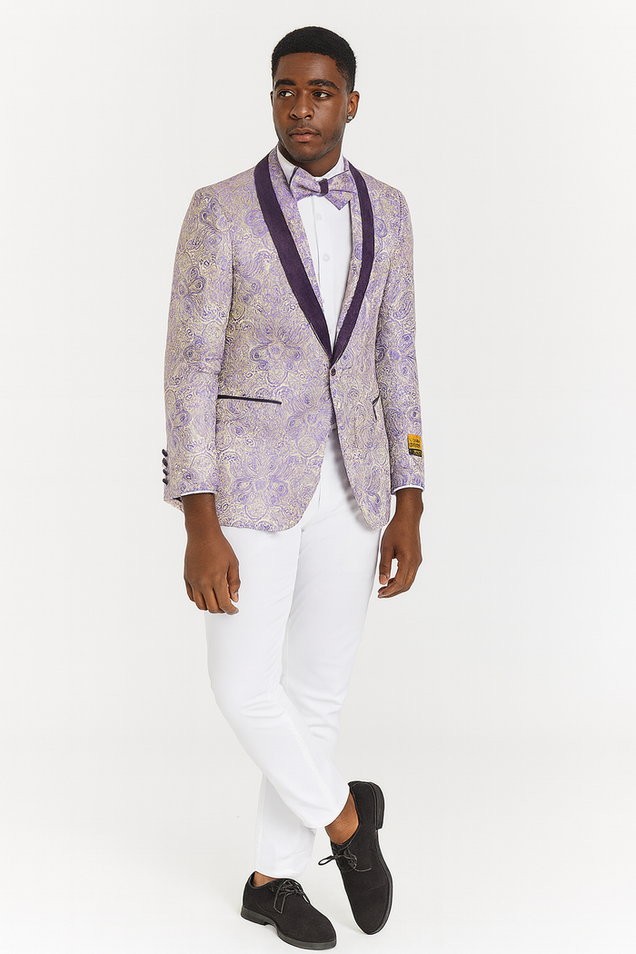 Mens Ivory and Light Purple Lavender Floral Paisley Prom and Wedding Tuxedo Blazer