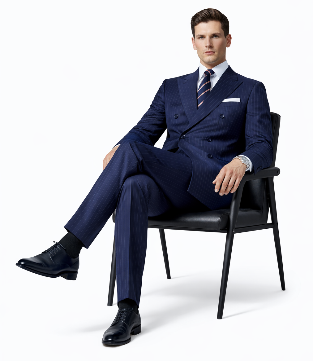 Mens Kingsman Double Breasted Navy Pinstripe Suit