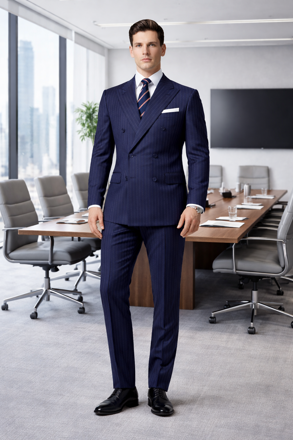 Mens Kingsman Double Breasted Navy Pinstripe Suit