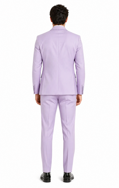 Men's Lavender Satin 3 Piece Slim Fit Tazzio Suit with Peak Lapel Jacket and Double Breasted Vest  Stylish Formalwear