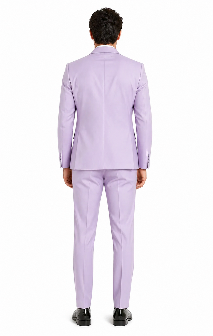 Men's Lavender Satin 3 Piece Slim Fit Tazzio Suit with Peak Lapel Jacket and Double Breasted Vest  Stylish Formalwear
