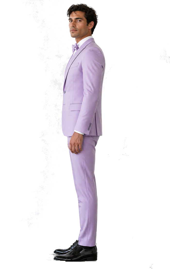 Men's Lavender Satin 3 Piece Slim Fit Tazzio Suit with Peak Lapel Jacket and Double Breasted Vest  Stylish Formalwear