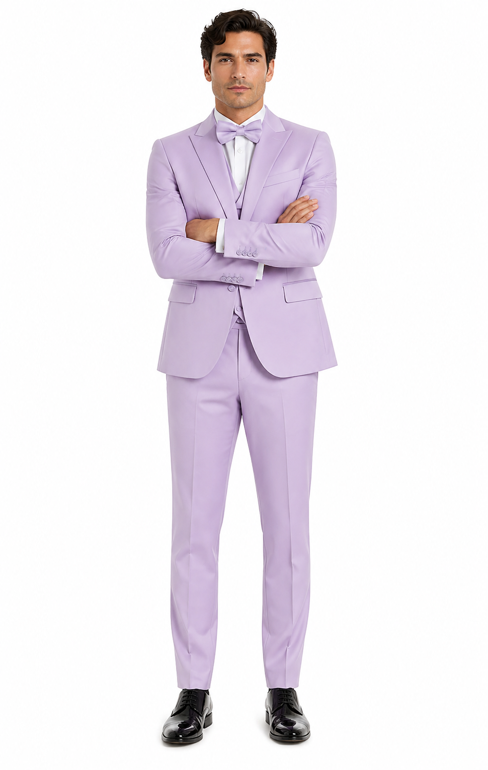 Men's Lavender Satin 3 Piece Slim Fit Tazzio Suit with Peak Lapel Jacket and Double Breasted Vest  Stylish Formalwear