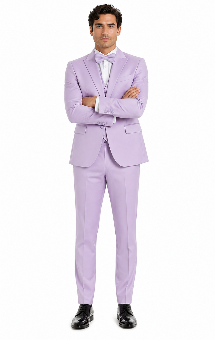 Men's Lavender Satin 3 Piece Slim Fit Tazzio Suit with Peak Lapel Jacket and Double Breasted Vest  Stylish Formalwear