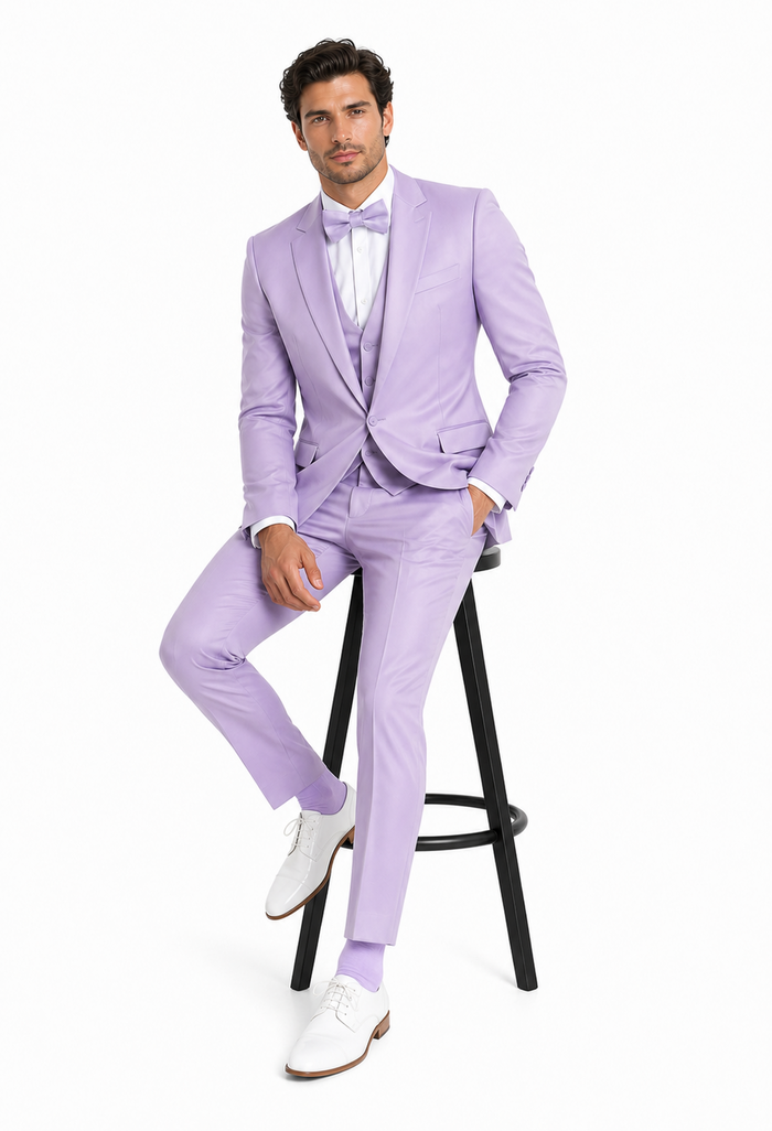 Men's Lavender Satin 3 Piece Slim Fit Tazzio Suit with Peak Lapel Jacket and Double Breasted Vest  Stylish Formalwear