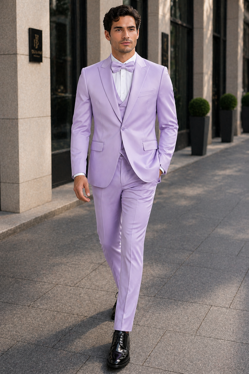 Men's Lavender Satin 3 Piece Slim Fit Tazzio Suit with Peak Lapel Jacket and Double Breasted Vest  Stylish Formalwear