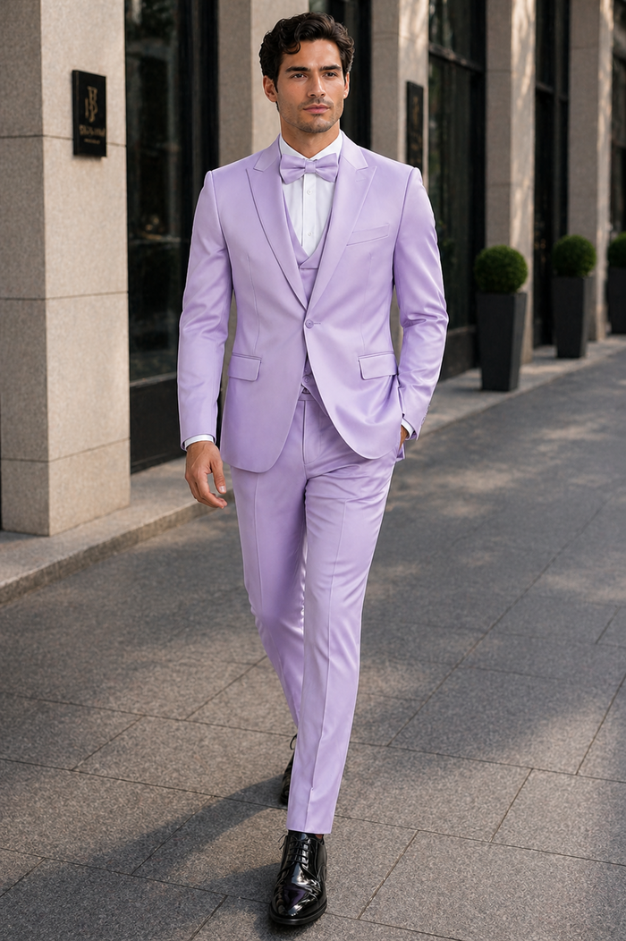 Men's Lavender Satin 3 Piece Slim Fit Tazzio Suit with Peak Lapel Jacket and Double Breasted Vest  Stylish Formalwear