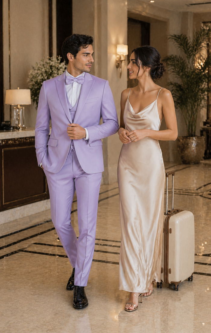 Men's Lavender Satin 3 Piece Slim Fit Tazzio Suit with Peak Lapel Jacket and Double Breasted Vest  Stylish Formalwear