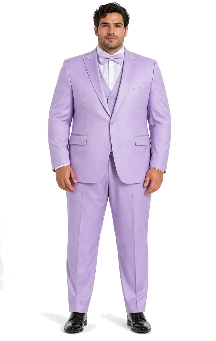 Men's Lavender Satin 3 Piece Slim Fit Tazzio Suit with Peak Lapel Jacket and Double Breasted Vest  Stylish Formalwear