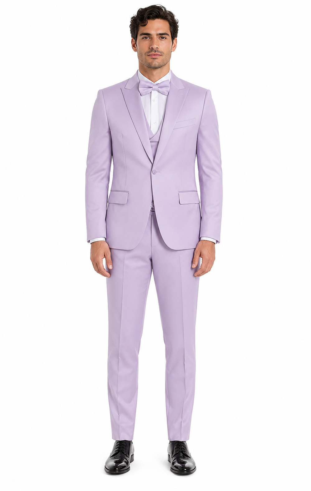 Men's Lavender Satin 3 Piece Slim Fit Tazzio Suit with Peak Lapel Jacket and Double Breasted Vest  Stylish Formalwear