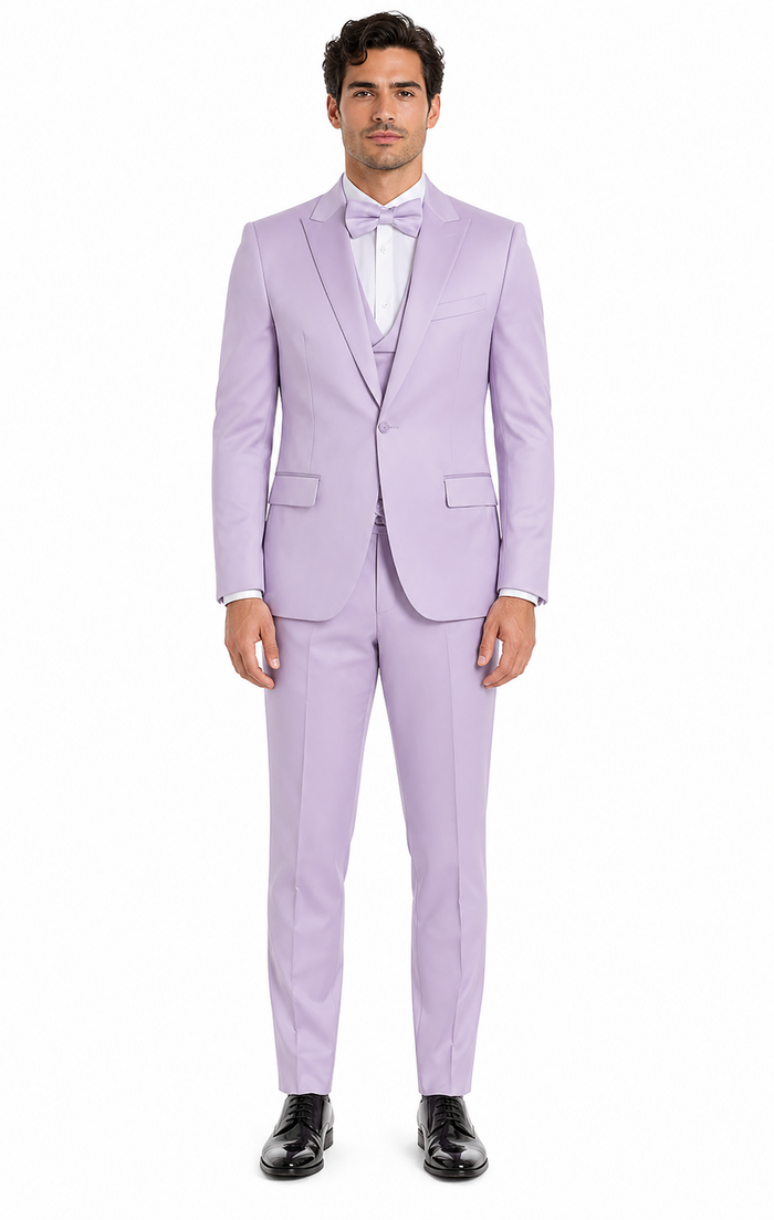 Men's Lavender Satin 3 Piece Slim Fit Tazzio Suit with Peak Lapel Jacket and Double Breasted Vest  Stylish Formalwear