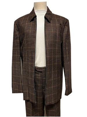 Mens Leisure Casual Suit Brown Windowpane 6775
