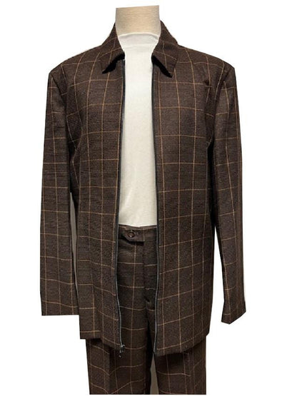 Mens Leisure Casual Suit Brown Windowpane 6775