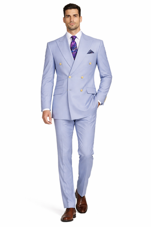 Mens Light Blue Double-Breasted Suits with Gold Button  Slim Fit 2-Piece Formal Set in Sky Blue Color