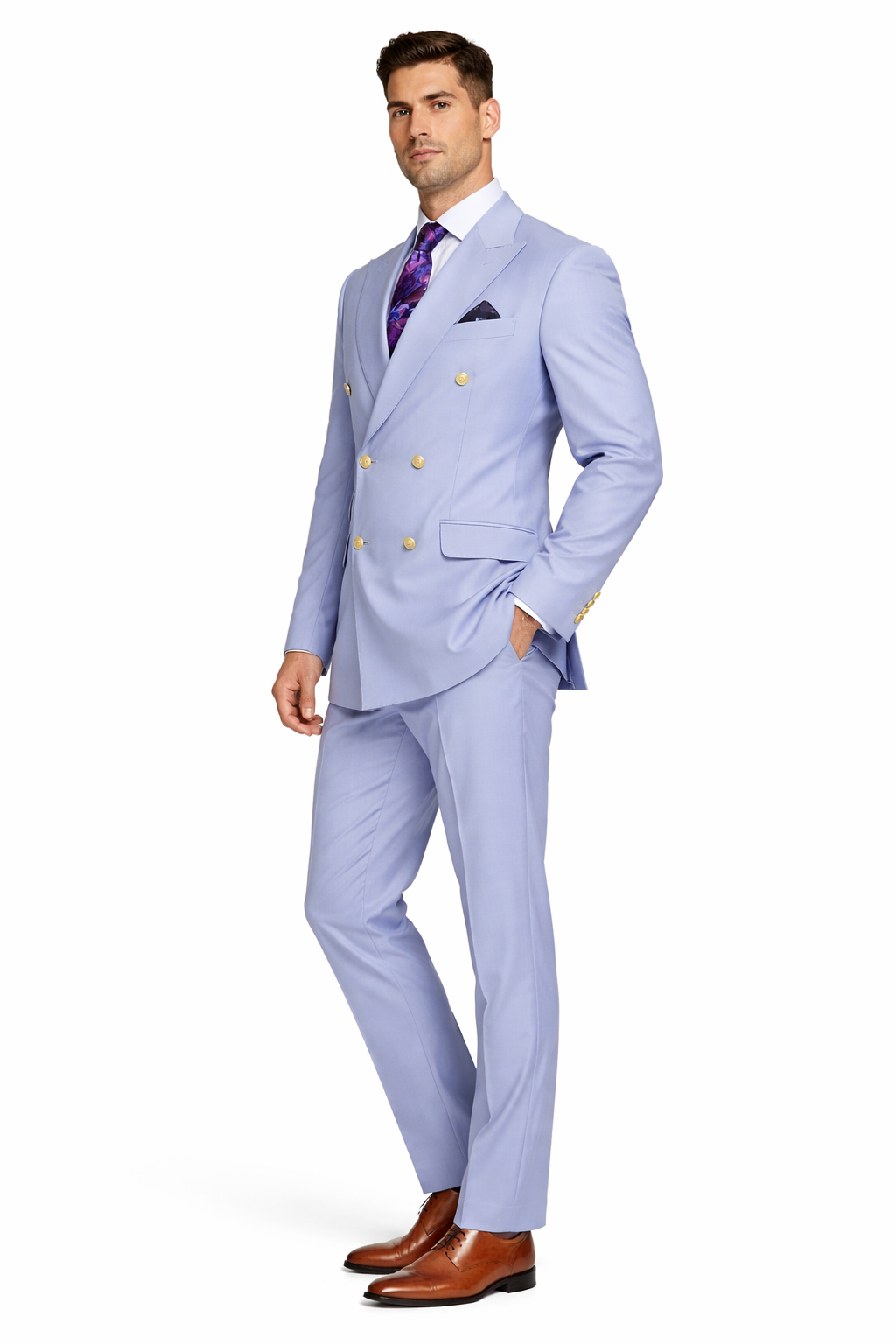 Mens Light Blue Double-Breasted Suit with Gold Buttons  Slim Fit 2-Piece Formal Set in Sky Blue Color
