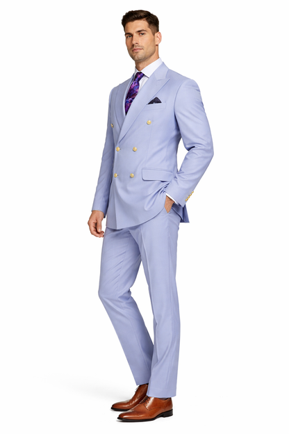 Mens Light Blue Double-Breasted Suit with Gold Buttons  Slim Fit 2-Piece Formal Set in Sky Blue Color