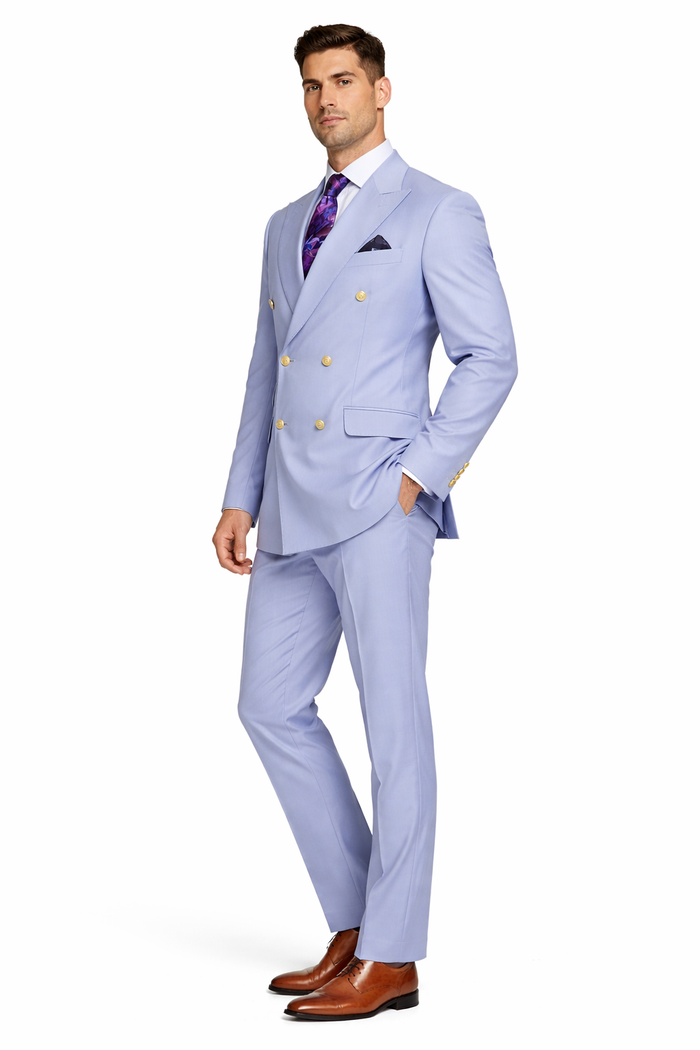 Mens Light Blue Double-Breasted Suit with Gold Buttons  Slim Fit 2-Piece Formal Set in Sky Blue Color