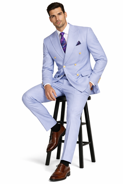 Mens Light Blue Double-Breasted Suit with Gold Buttons  Slim Fit 2-Piece Formal Set in Sky Blue Color